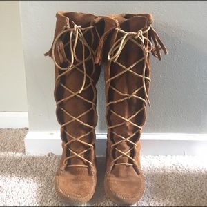 Minnetonka lace up fringe boots