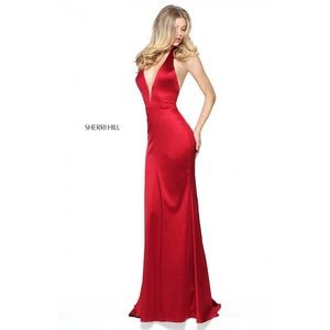 Sherri Hill 50919 Deep V-Neck Satin Halter Gown