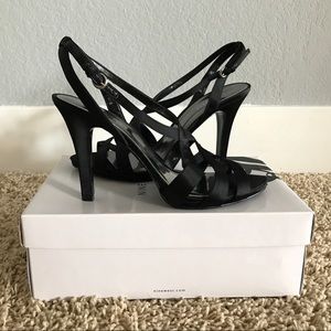 Nine West // Black Satin Strap Open Toe Pump, 9