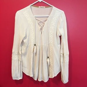 Hint of mint cream lace up long sleeve blouse