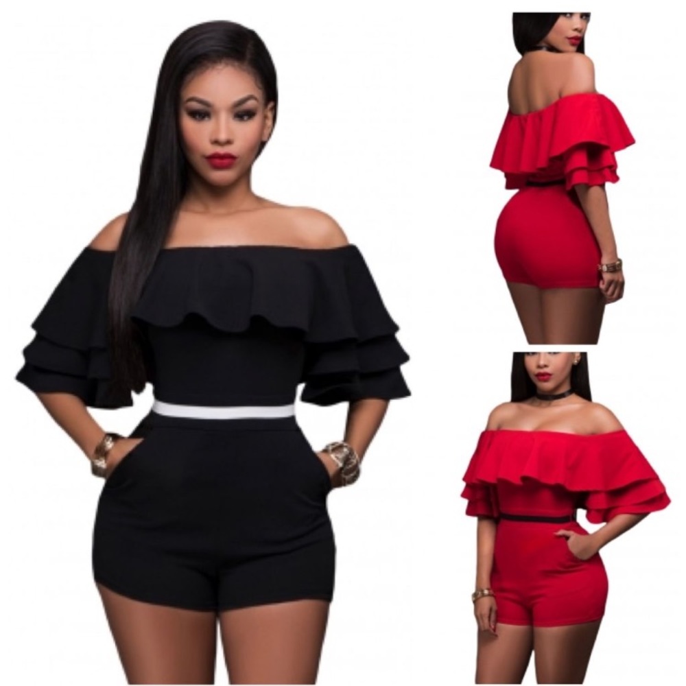 Red or Black Ruffle Off Shoulder Romper