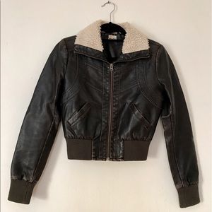 Brown Leather Bomber Jacket — Small