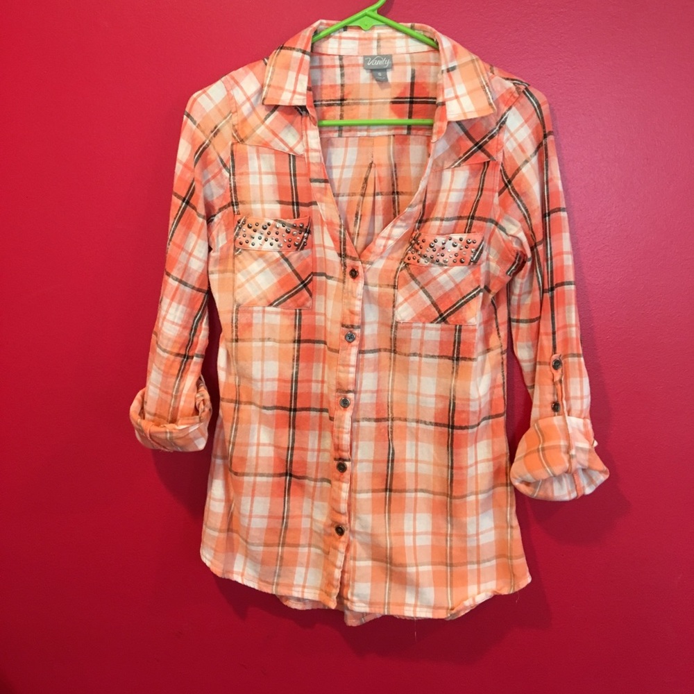 Upcycled plaid long sleeve shirt bright orange