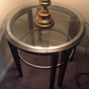Small Glass table w stainless steel dark wood legs