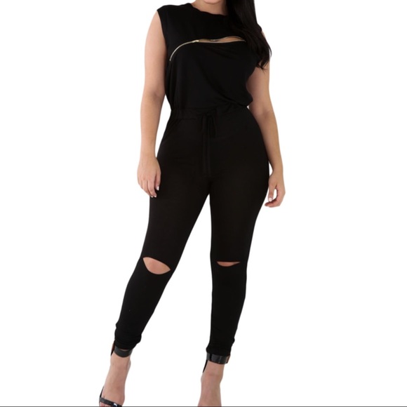 Pants - Creative Zip Line Black Stretchy Jumpsuit