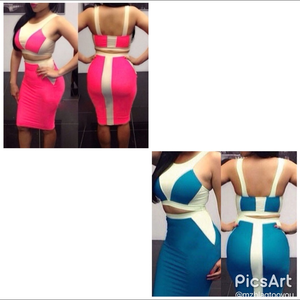 Blue or Rosy/White Two-tone Bodycon Skirt Sets