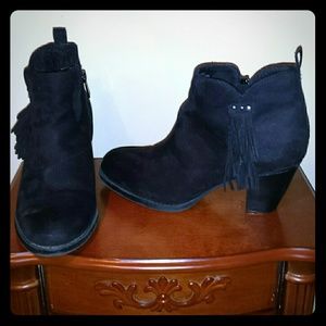 Black suede tassel fringe booties