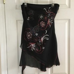Black bandeau top with sheer flowing top skirt