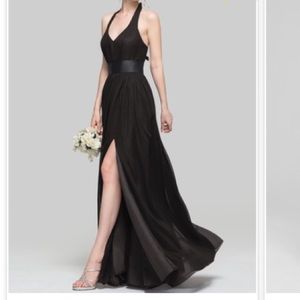 A-line, princess, V-neck, floor length dress.