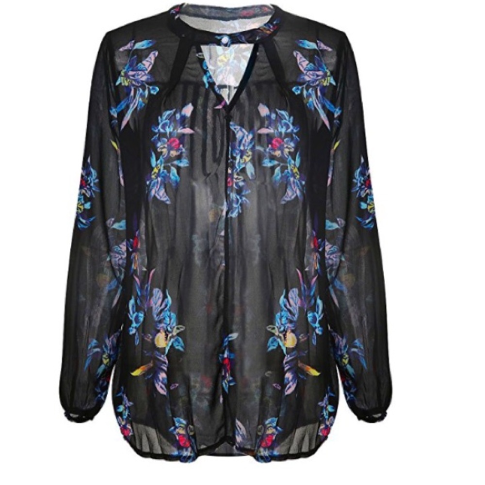 Women Casual See Through Floral Print Long Sleevel