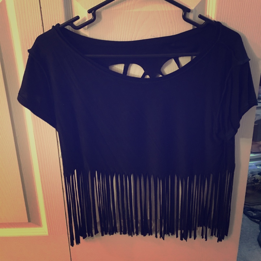 Black crop w/ heart cut out on back and fringe