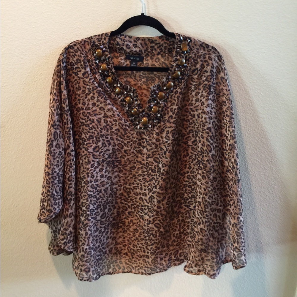 CHEETAH Print SemiSheer Poncho like Blouse w/Beads