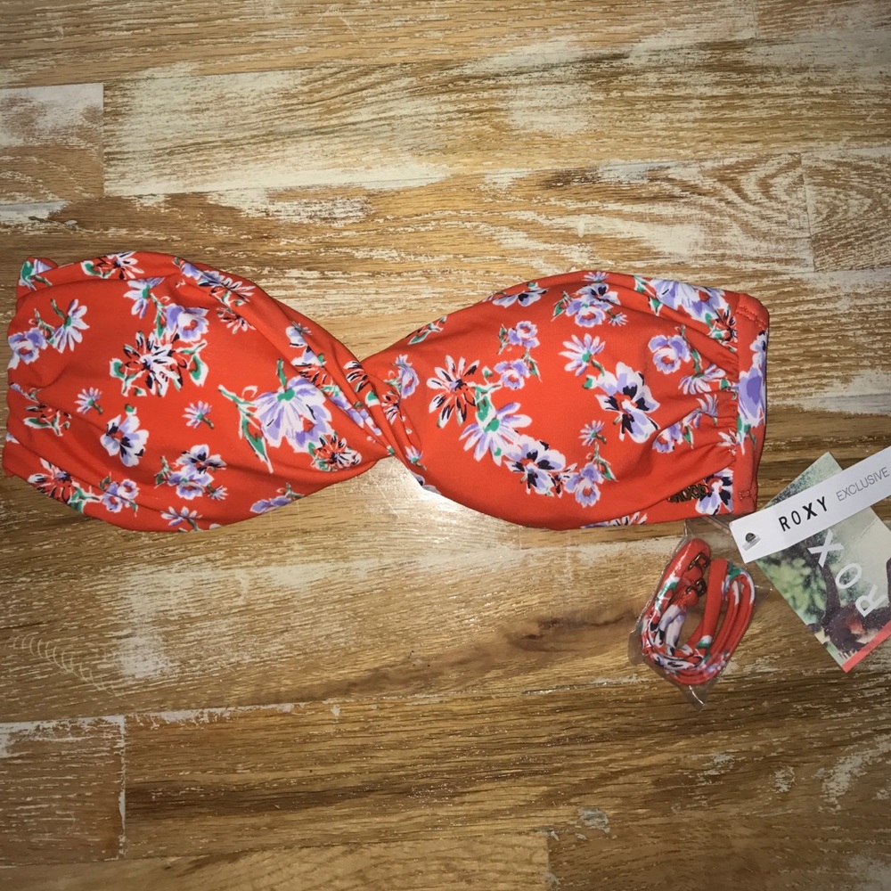 Roxy bandeau twist swim top orange floral nwt M
