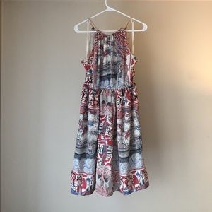 Fun print cinch waist dress w/ rope strap detail.