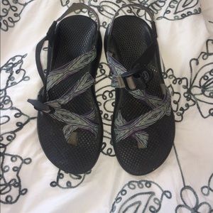 Chacos, blue and purple