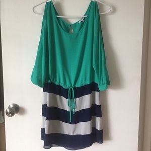 Mint dress with navy and white striped skirt