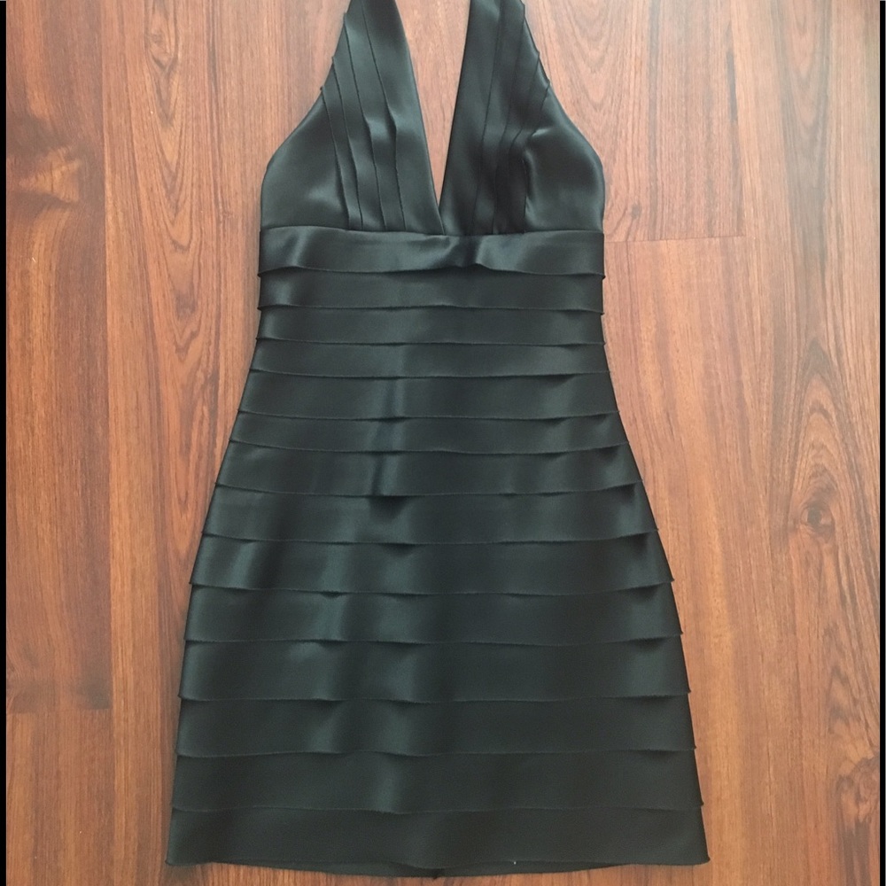 BCBG black satin tier laser cut dress
