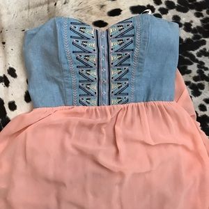 Strapless denim peach high slit summer maxi dress