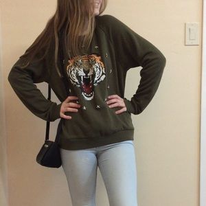 Forever 21 Green Tiger Studded Crew Neck
