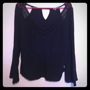 Navy blue blouse! Loose fitting. Lace details!