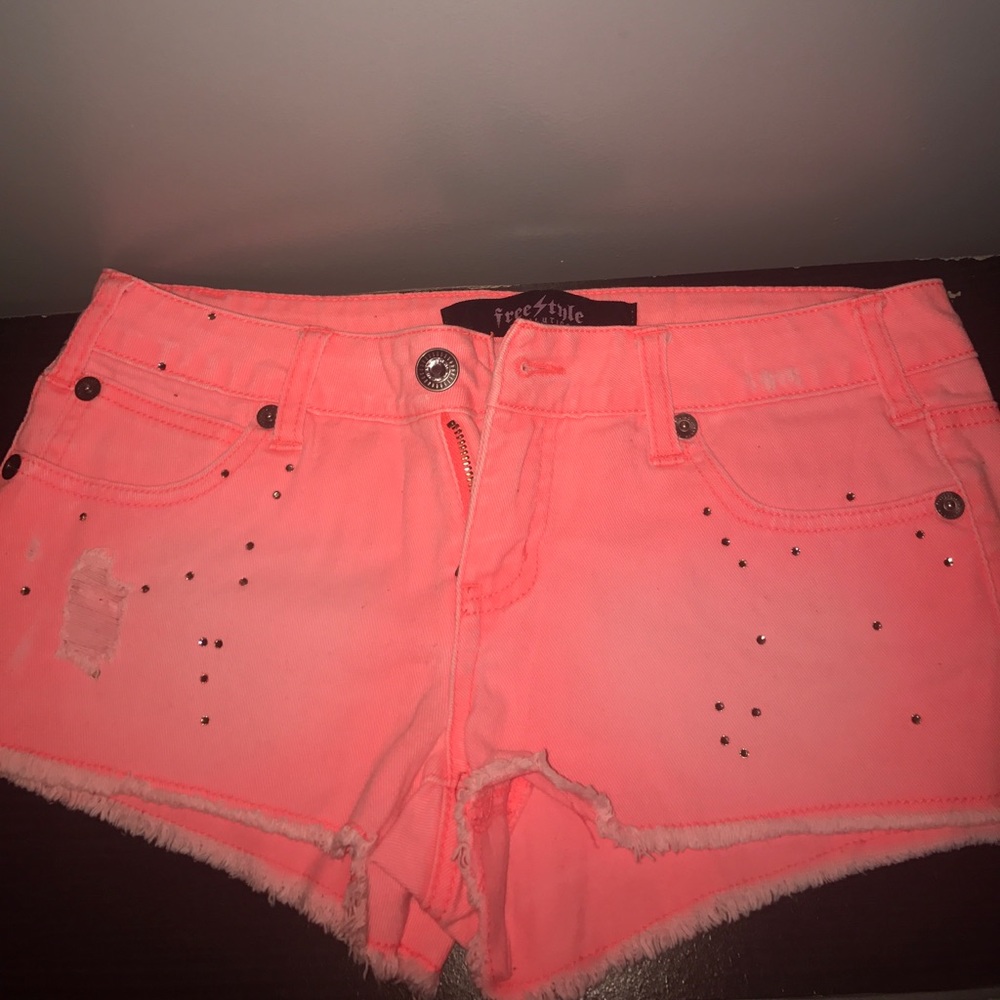 Neon coral jean shorts