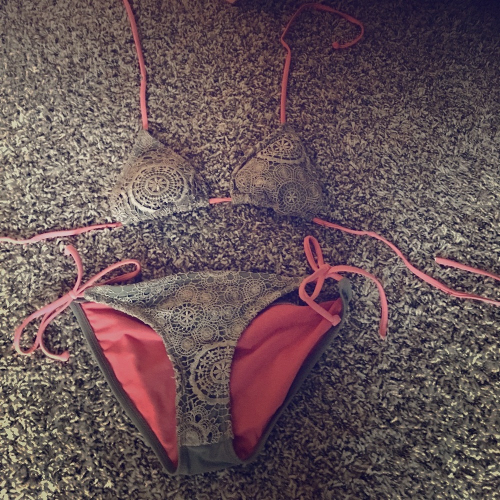 Gray and salmon bathing suit