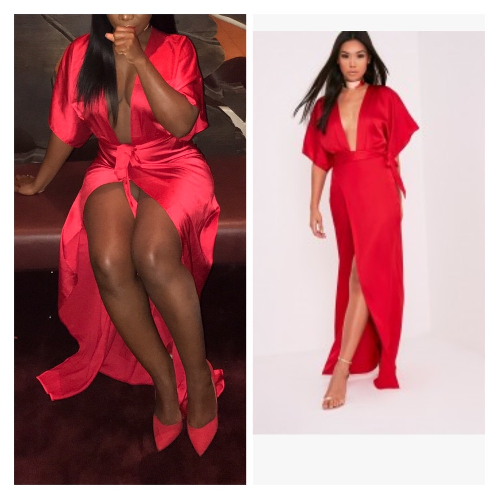 Red silky kimono sleeve maxi dress