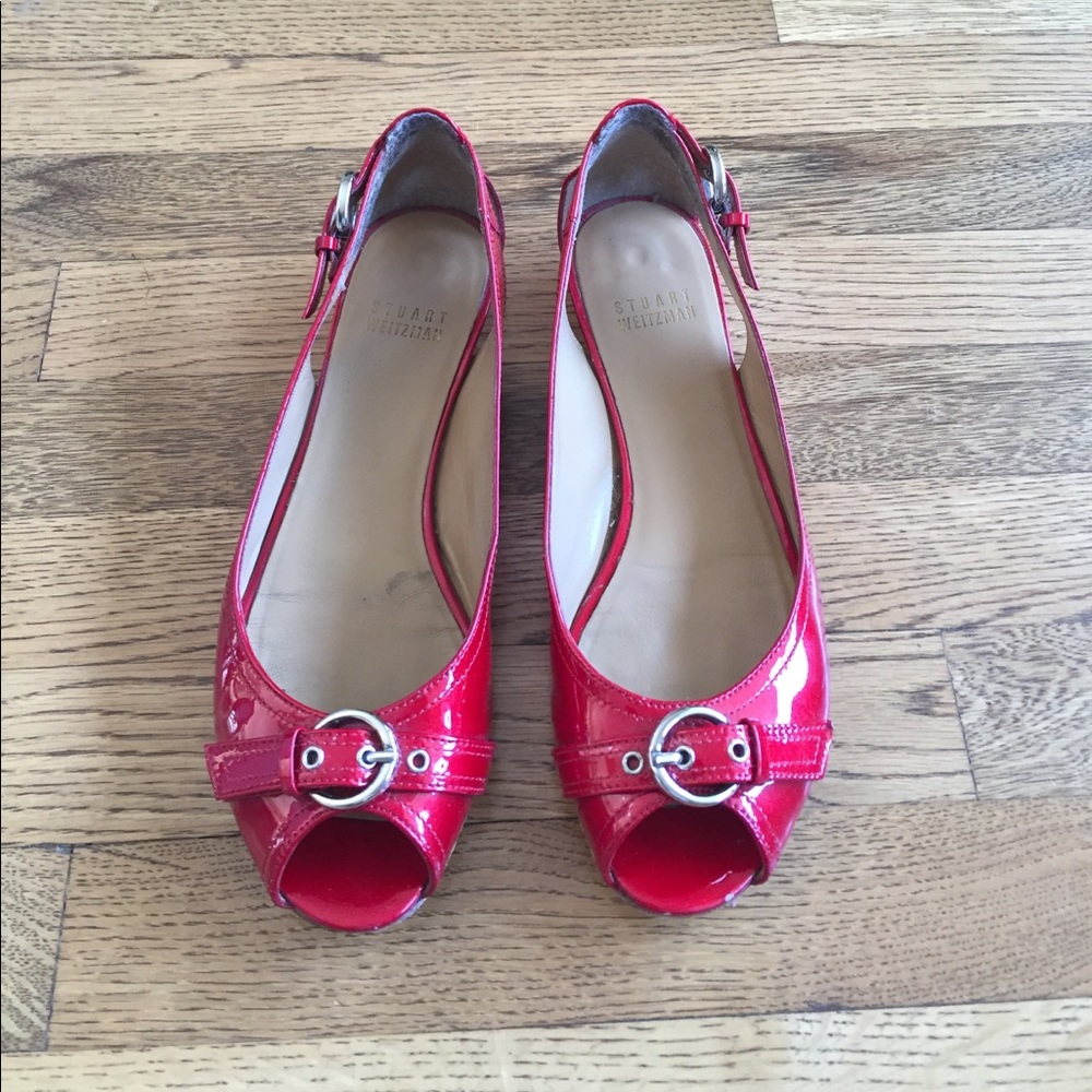 Patent Red Stuart Weitzman Peep Toe Flats