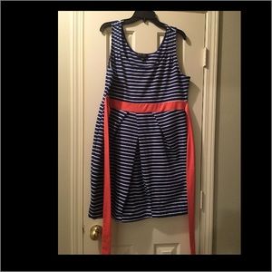 Cute Blue & White Pleated skirt with Coral belt