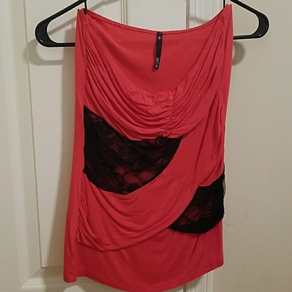 Coral and black lace sleeveless top