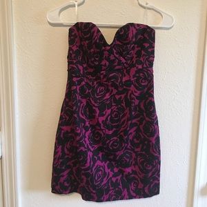 Black and Print Rose Print Mini Dress