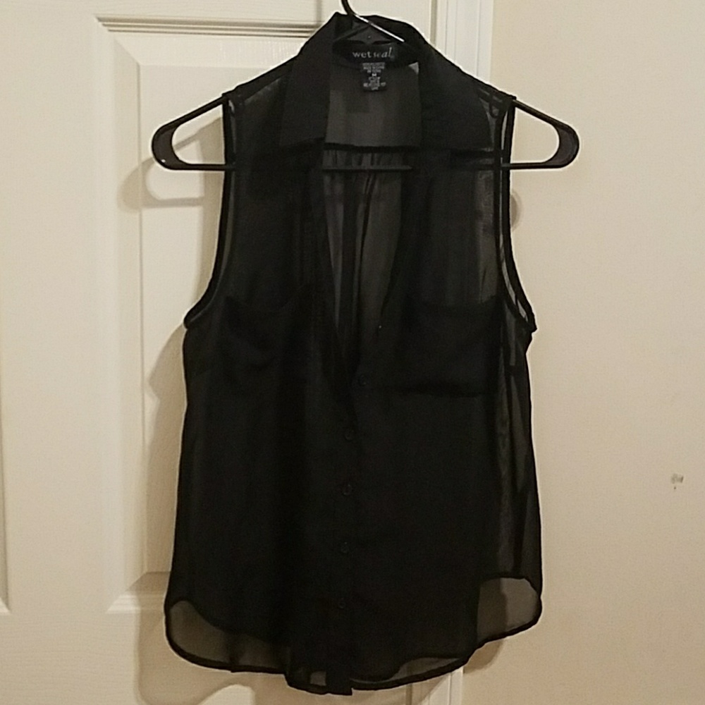 Sheer black collared button down