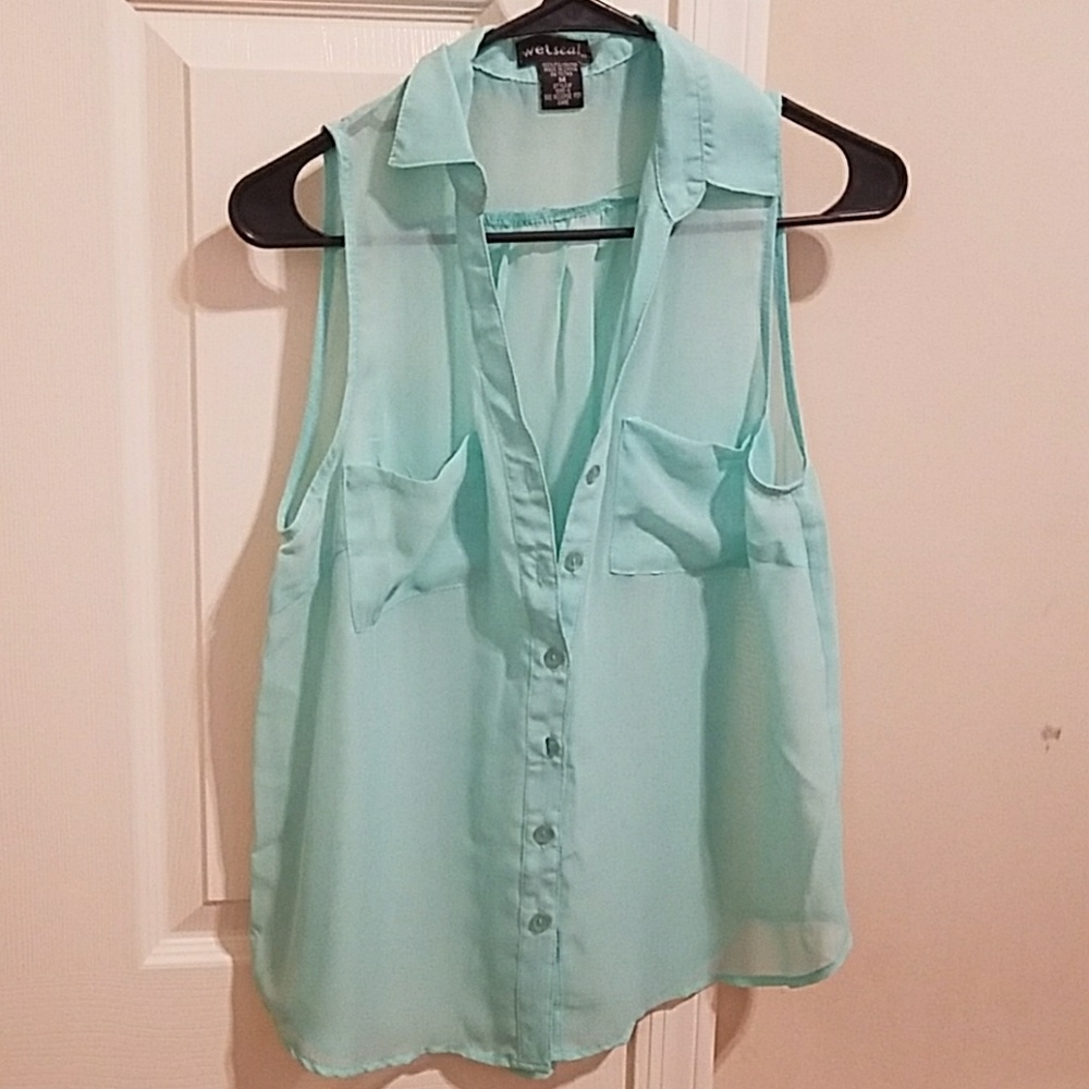 Tiffany blue sheer collared button down