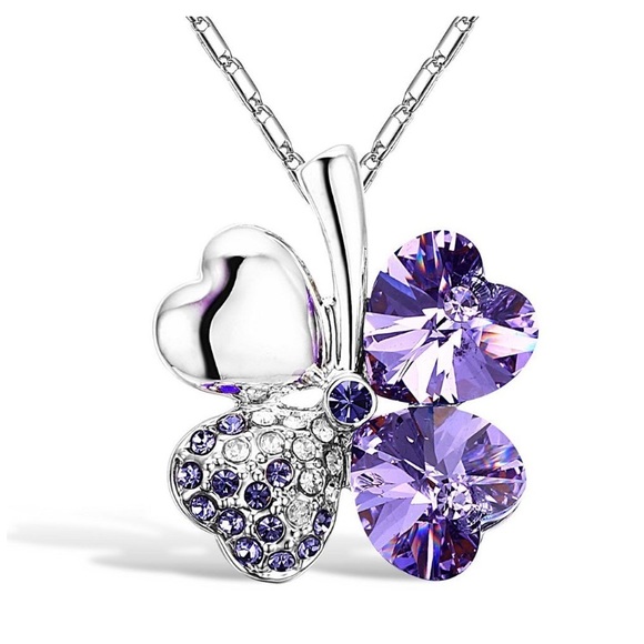 Four Leaf Clovers Pendant Necklace Crystal Heart - Picture 1 of 1