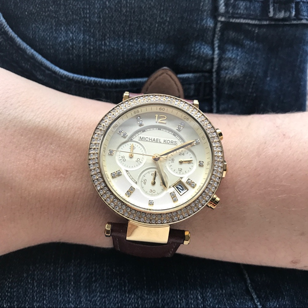 Michael Kors gold tone Parker watch w/ brown band