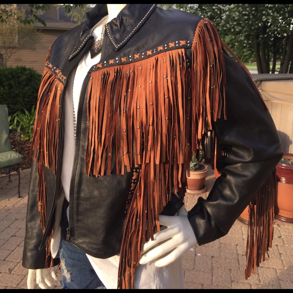 EUVC Black brown western beaded fringe jacket women’s XL VTG