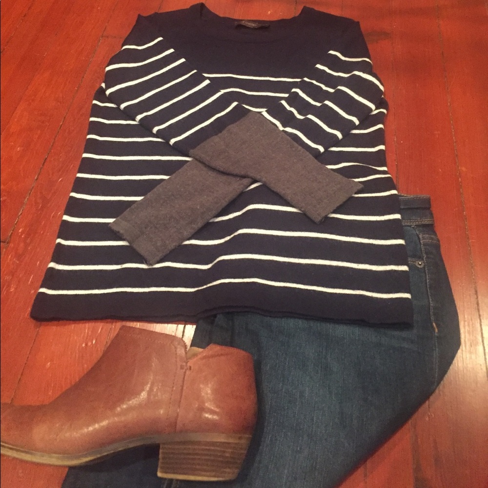 Long sleeve Navy, white and grey stripes sweater
