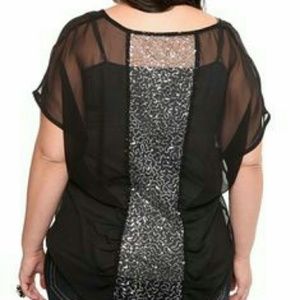 Sheer black chiffon high-low top with sequin panel
