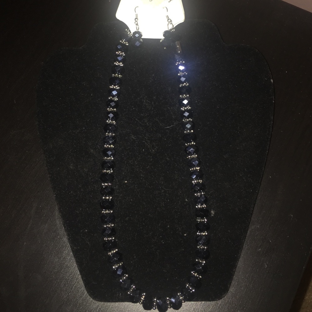 Blue black necklace with matching earrings