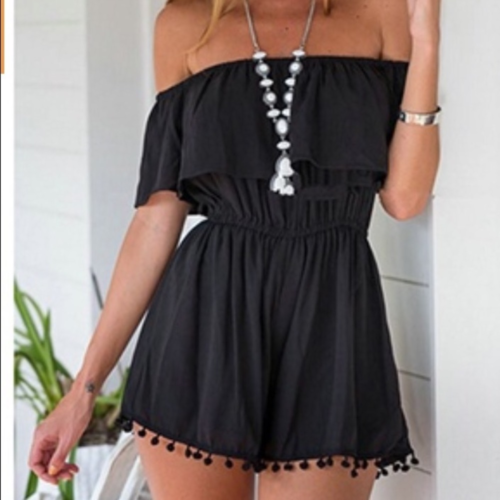 ๐ฅHP๐ฅ๐ Off Shoulder Black Romper w/Pom Pom Trim - Picture 1 of 7