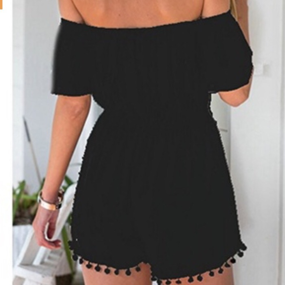 ๐ฅHP๐ฅ๐ Off Shoulder Black Romper w/Pom Pom Trim - Picture 2 of 7