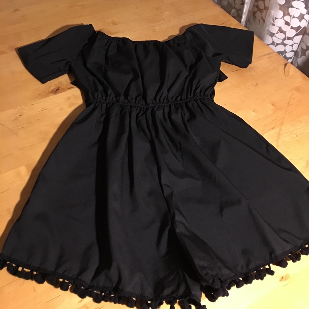 ๐ฅHP๐ฅ๐ Off Shoulder Black Romper w/Pom Pom Trim - Picture 7 of 7