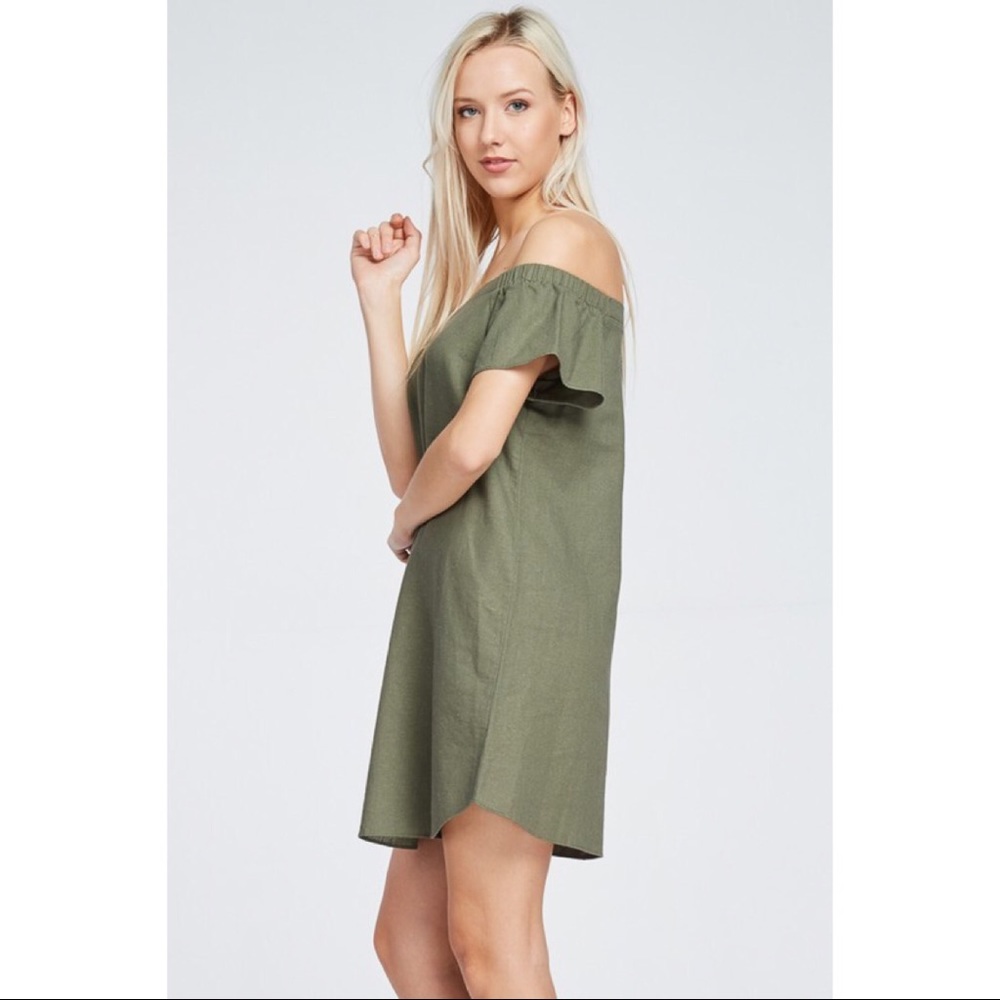 LAST ONE!! Olive Off the Shoulder Dress - Picture 2 of 5