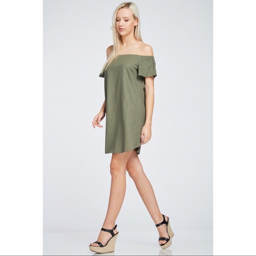 LAST ONE!! Olive Off the Shoulder Dress - Picture 3 of 5