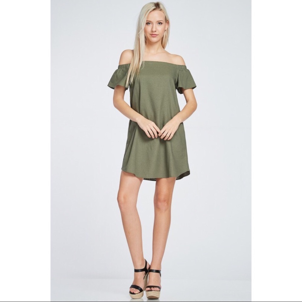 LAST ONE!! Olive Off the Shoulder Dress - Picture 4 of 5