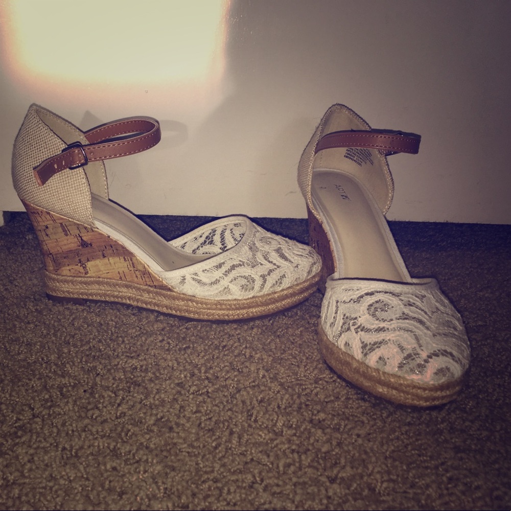 white lace and cream wedges