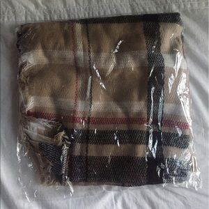 Tan, brown and black with red stripe blanket scarf