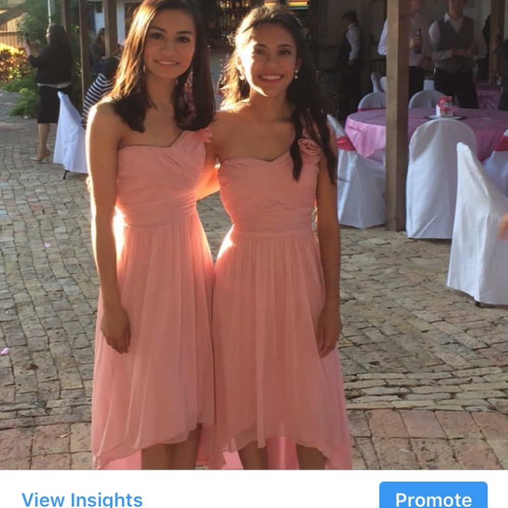 Blush bridesmaid dress with floral arm design
