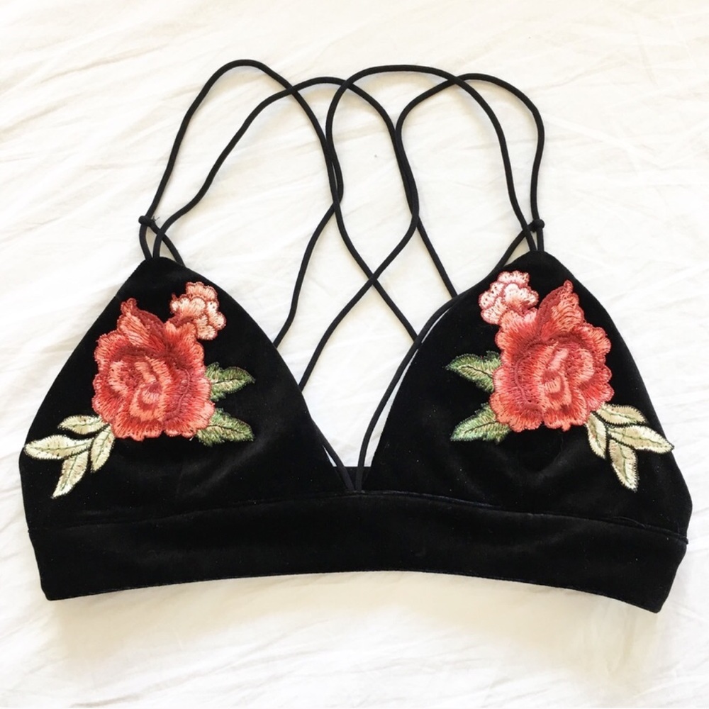 New black velvet rose patch bralette