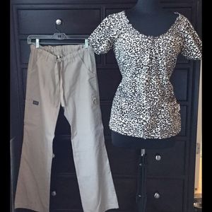 Leopard print scrub top with matching pants